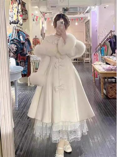 富家千金大码毛领斗篷大衣形气质毛呢名媛风蝴蝶结甜美外套200斤