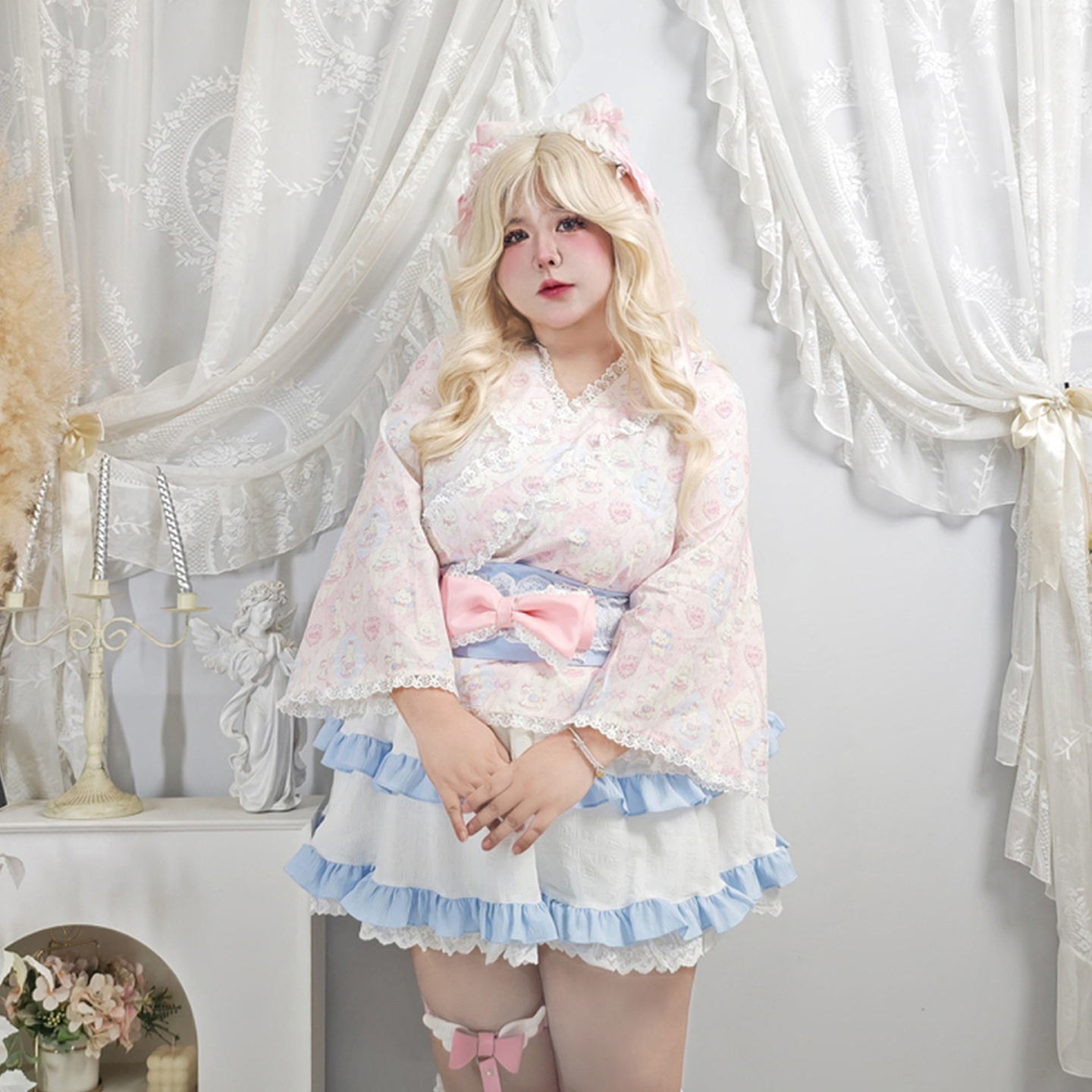 大码喇叭袖蕾丝可爱少女显瘦套装