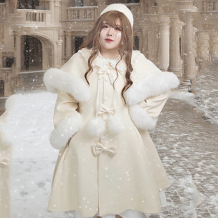 富家千金大码 毛领斗篷大衣形气质毛呢名媛风蝴蝶结甜美外套200斤