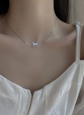 喵咪锁骨链弧形简约可爱动物项链轻奢个性小众可爱攀爬猫咪锁骨链