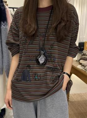 class韩国直邮112308Sierra韩代2025款条纹小猫图案磨毛大版厚实T