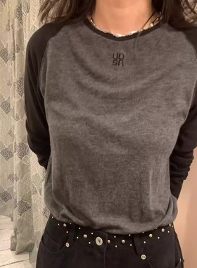 class韩国直邮112517UNDERSON韩代2025刺绣小标插肩拼色兔毛T