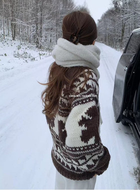 class韩国直邮121103 OUNCE 韩代2025款手工费尔岛大毛衣开衫外套