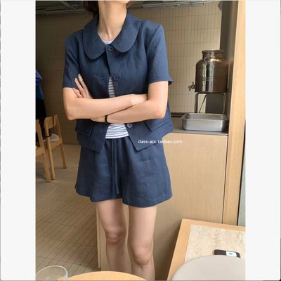 class韩国直邮052814 cream 韩代26款娃娃领上衣＋短裤  亚麻套装