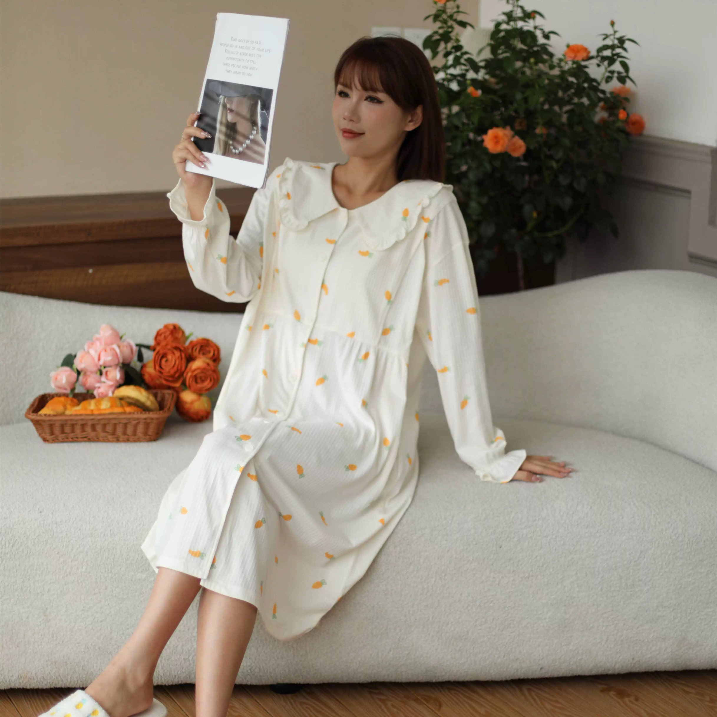 澳仙兰家居服睡衣女春夏新款可爱舒适透气长袖长款全棉睡裙女家居