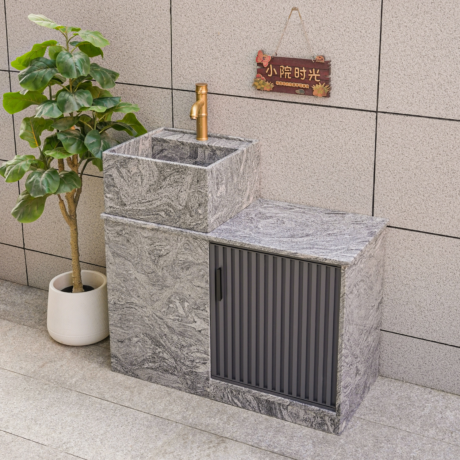 浪淘沙户外立柱盆洗手盆带柜门阳台花园水槽天然花岗岩洗手台别墅