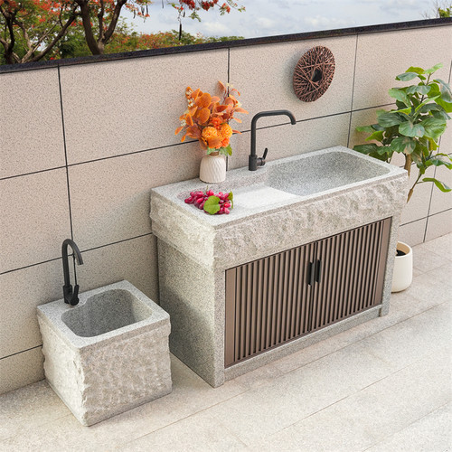 自然雕刻面户外庭院大理石洗手台一体台盆阳台定制别墅石头洗手池