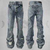 DROP1水洗破坏蓝牛堆积微喇蓝色牛仔裤 TecNineGroup 断码 清仓