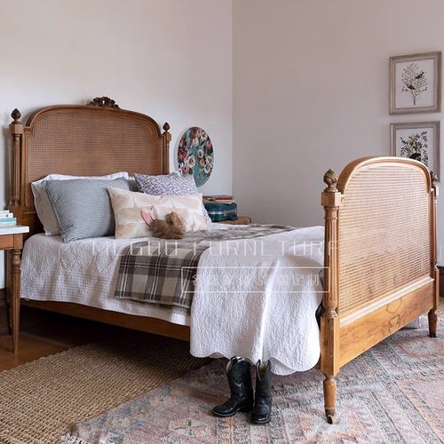 美式乡村实木藤编双人床1.8米