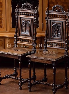 19世纪法国Breton风格餐桌椅餐椅中古董夫妻雕刻椅全橡木实木书椅