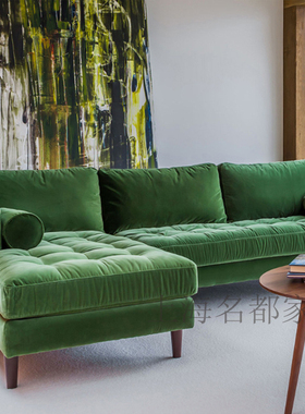 欧式多人位转角沙发 后现代绿色绒布L型沙发小户型简约沙发定做