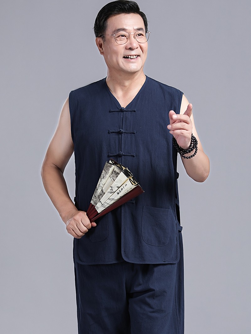 SUMMER COTTON AND LINEN MIDDLE-AGED AND ELDERLY PLUS SIZE TANG COSTUME MENS HOLLOW VEST SUIT RETRO DAD HANFU VEST SHOULDER TEA SUIT
