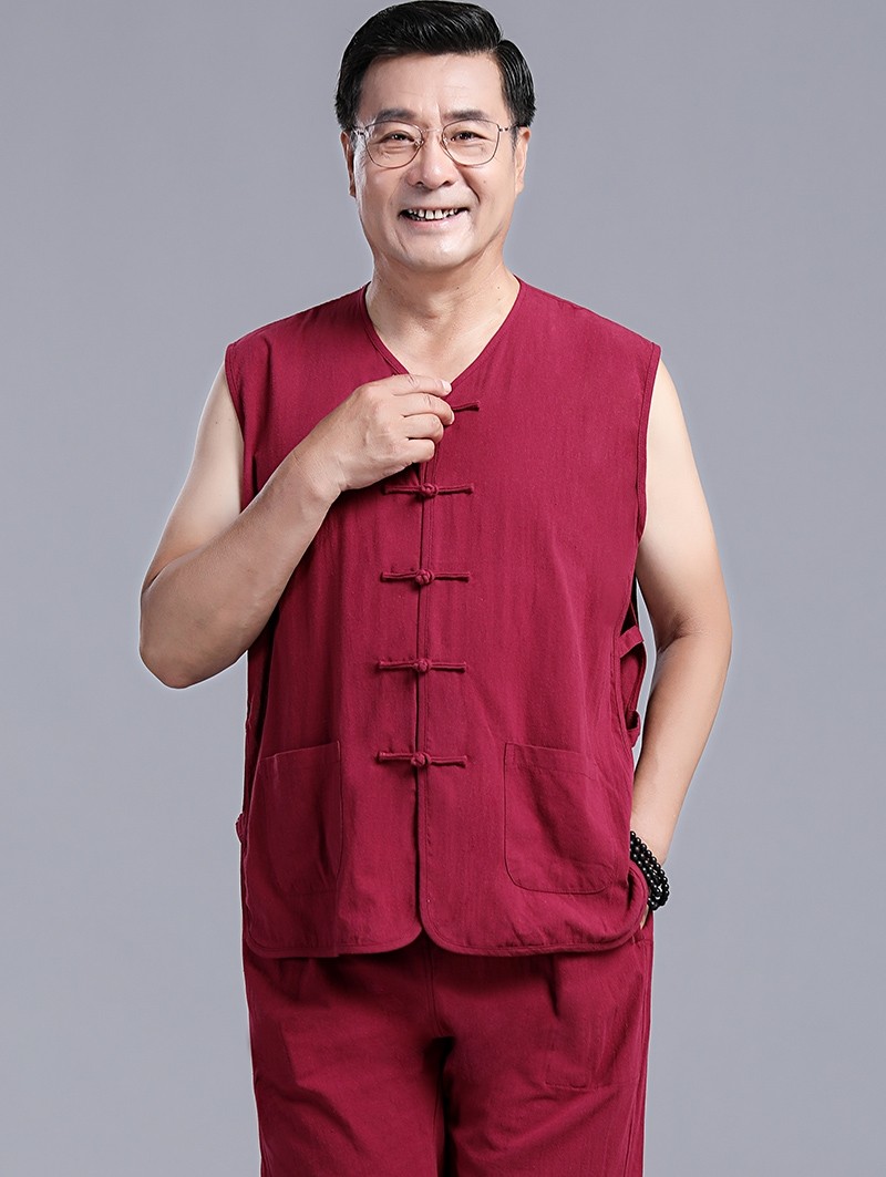 SUMMER COTTON AND LINEN MIDDLE-AGED AND ELDERLY PLUS SIZE TANG COSTUME MENS HOLLOW VEST SUIT RETRO DAD HANFU VEST SHOULDER TEA SUIT