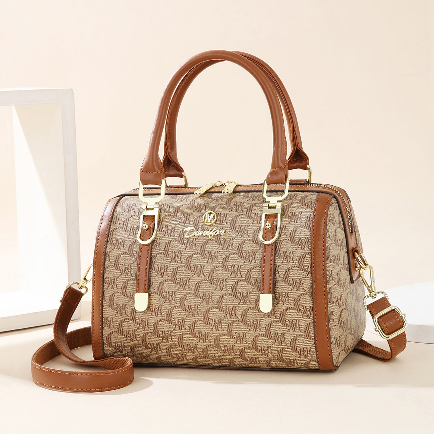 软皮波士顿包2025新款枕头包老花单肩女包大容量斜挎包手提妈妈包