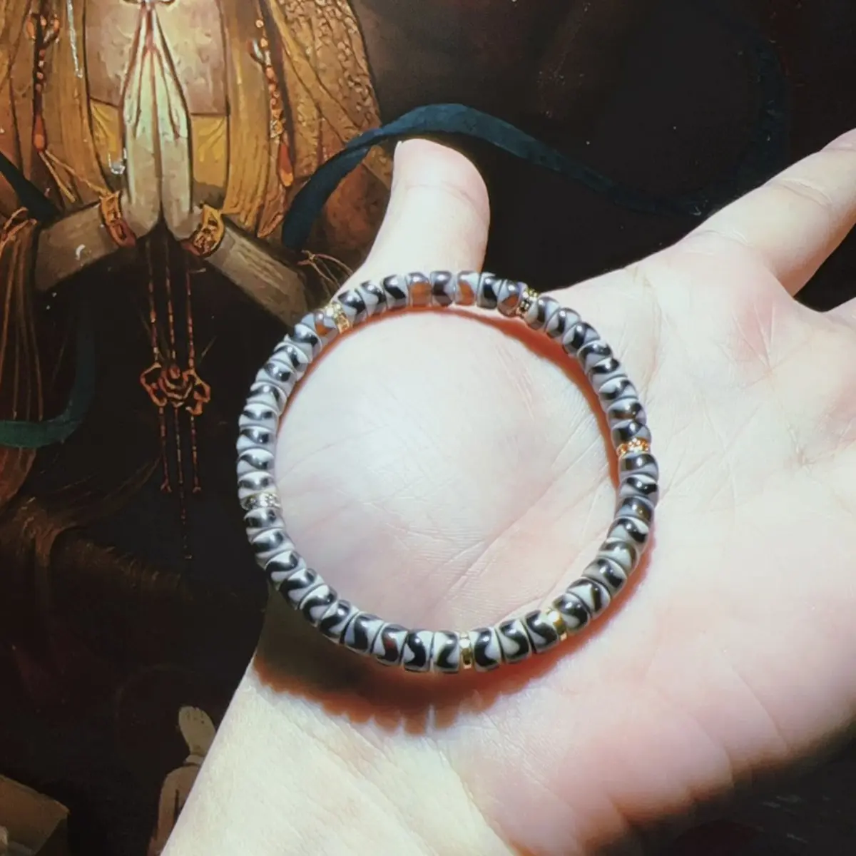 藏传老玛瑙天珠虎牙蛇纹图案天珠手链牙黄色风化纹藏式风格男女款
