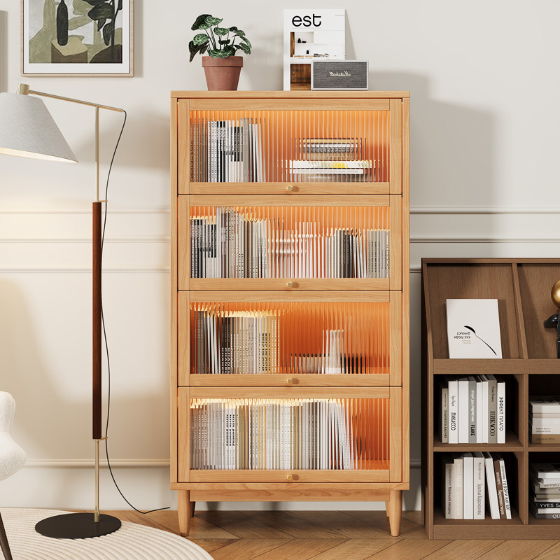 美式实木书柜防尘带玻璃门靠墙落地书架儿童客厅立柜置物架展示柜