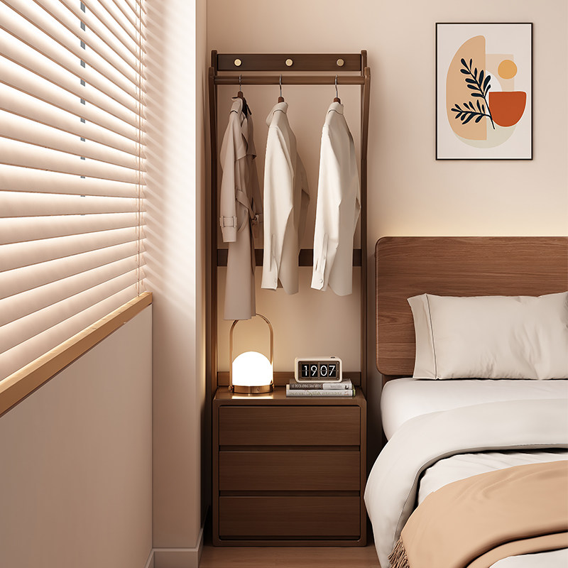 实木床头柜衣帽架一体家用室内卧室挂衣架实木置物架抽屉落地衣架