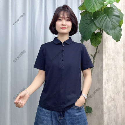 8908新款女装休闲时尚短袖T恤翻领纯色简约夏季休闲宽松百搭女