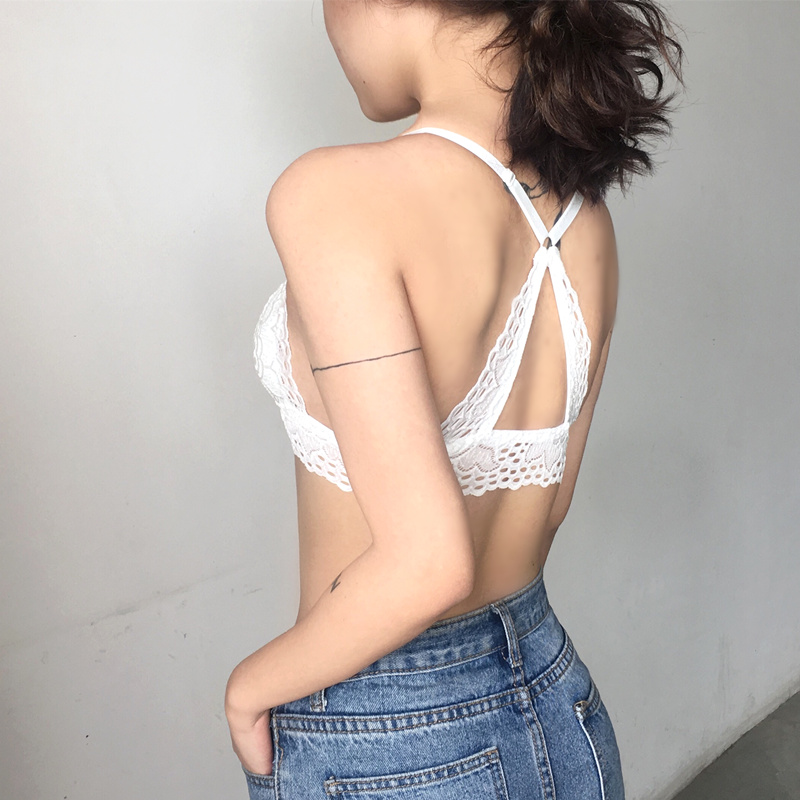 性感文胸蕾丝前扣式美背交叉聚拢无钢圈少女内衣女三角杯薄款胸罩