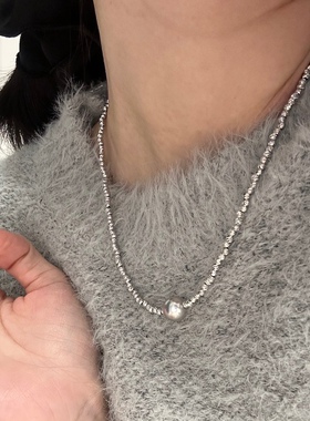 studio正圆强光银灰珍珠项链女气质轻奢小众设计毛衣链高级感项链