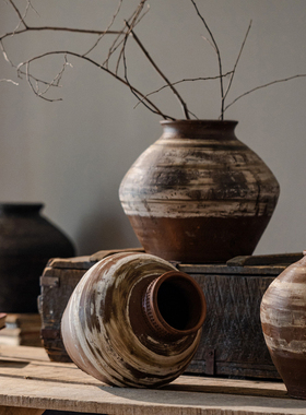 掬涵复古新中式陶罐侘寂风家居摆件高级感客厅插花装饰品黑色花瓶