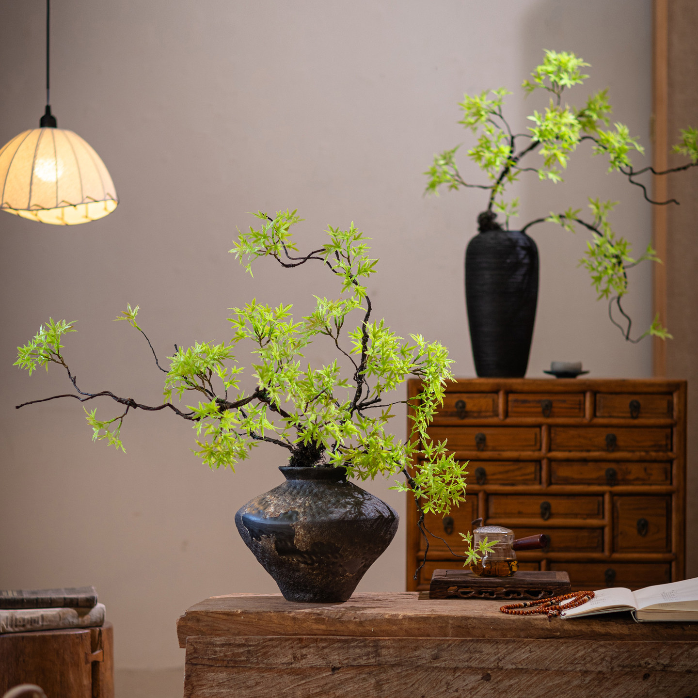 仿真绿植迎客松枫叶假花仿真花摆设新中式盆景摆件禅意插花装饰品