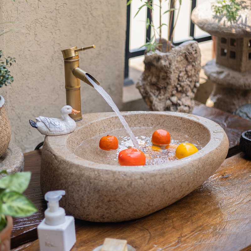 侘寂風石雕洗手盆復古造景設計