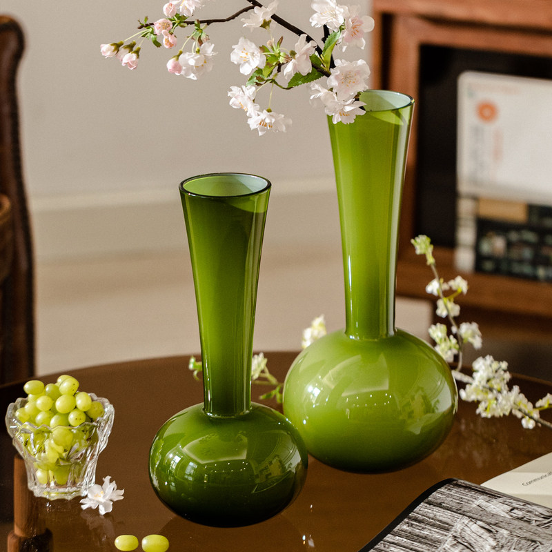 掬涵中古绿高级感长颈琉璃花瓶摆件彷真花客厅插花法式家居装饰