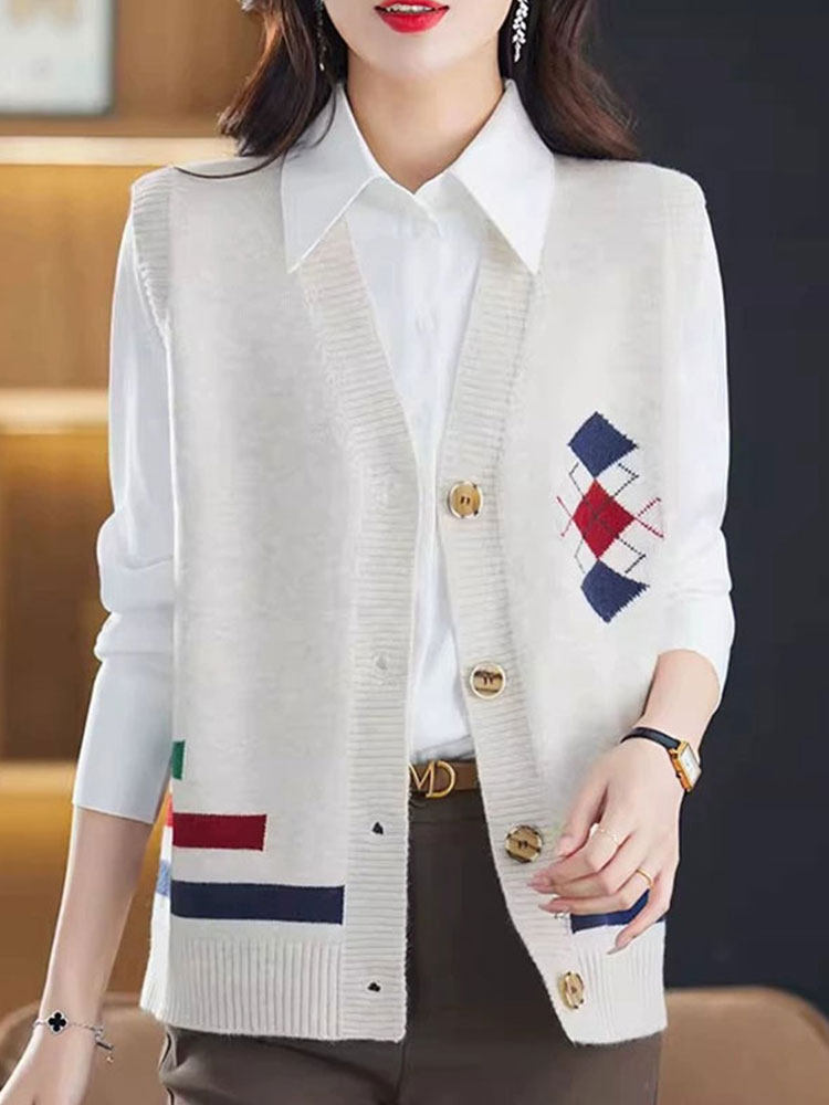 JOYIASS校园风V领针织马甲女红色菱格纹纽扣开衫外搭毛衣背心韩版