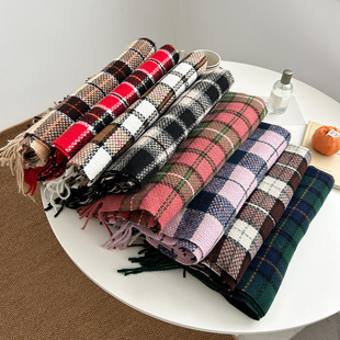 秋冬高级感时尚编织格纹围巾韩系甜美优雅气质仿羊绒保暖流苏披肩