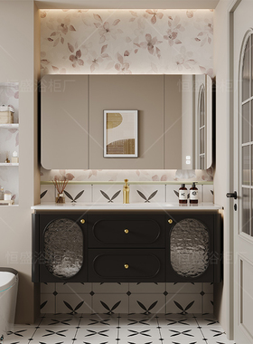 黑色橡木烤漆浴室柜法式卫生间陶瓷一体盆组合洗手脸池奶油风漱台