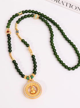 铜合金项链 新中式可转动葫芦项链女原创设计绿色串珠衣服配饰品