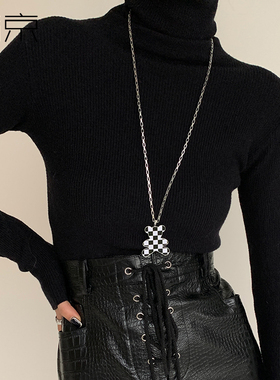 钛钢项链 韩国棋盘格小熊项链女ins甜酷网红长款毛衣链不掉色配饰