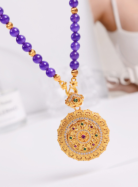铜合金项链 新中式可转动紫色八宝罗盘项链女原创长款高级配饰品