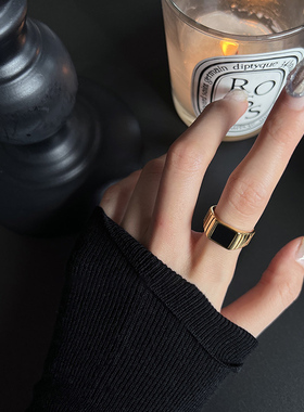 钛钢 黑色方形戒指女小众复古轻奢指环不掉色百搭食指戒