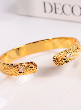 铜合金手镯 新中式爆闪捶打纹开口手镯女高级感百搭镯子气质手饰