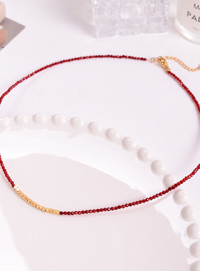 钛钢项链 迷你新年红色串珠小方糖项链女气质百搭叠戴锁骨颈链
