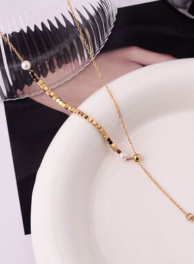 钛钢项链 小方糖项链女百搭流苏小方块蹦迪锁骨链简约高级饰品
