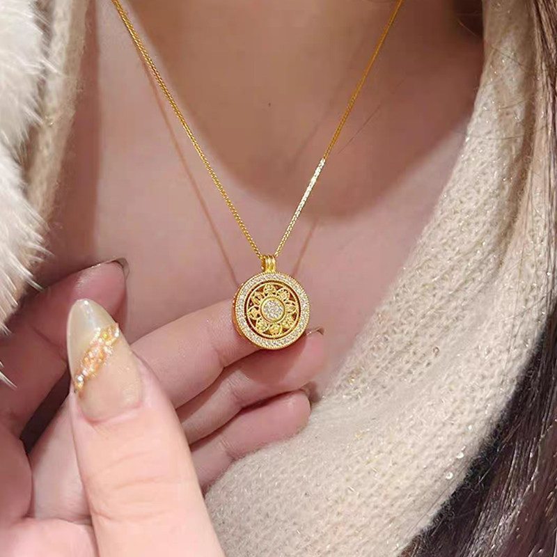 铜合金 八宝罗盘项链女精致六字真言太阳花可旋转锁骨链配饰
