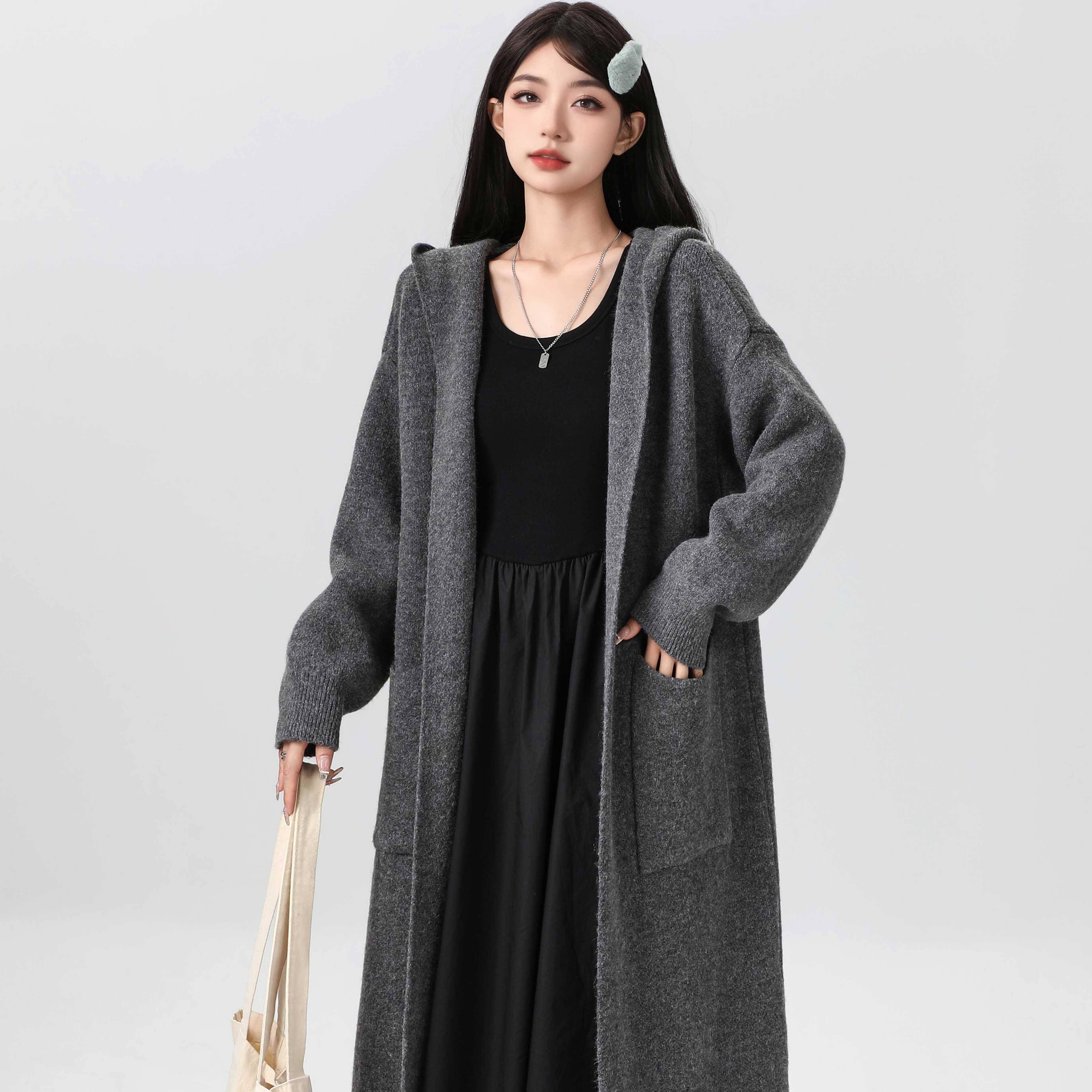 韩版慵懒风连帽开衫 女款灰色中长款毛衣 2024秋季新款大衣 通勤