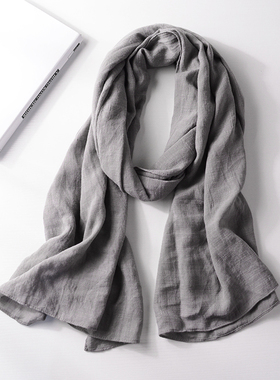 精品灰色男士围巾纯色百搭文艺年轻人中老年棉麻围巾长款黑色休闲
