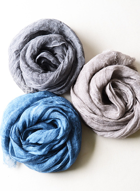 日本外贸春夏季薄款男士纯亚麻围巾高档质感麻灰色蓝色卡其围巾男