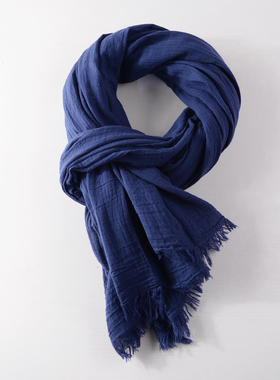 日系纯色薄款围巾男士秋冬季毛边深蓝藏蓝灰色棉麻围巾休闲男女
