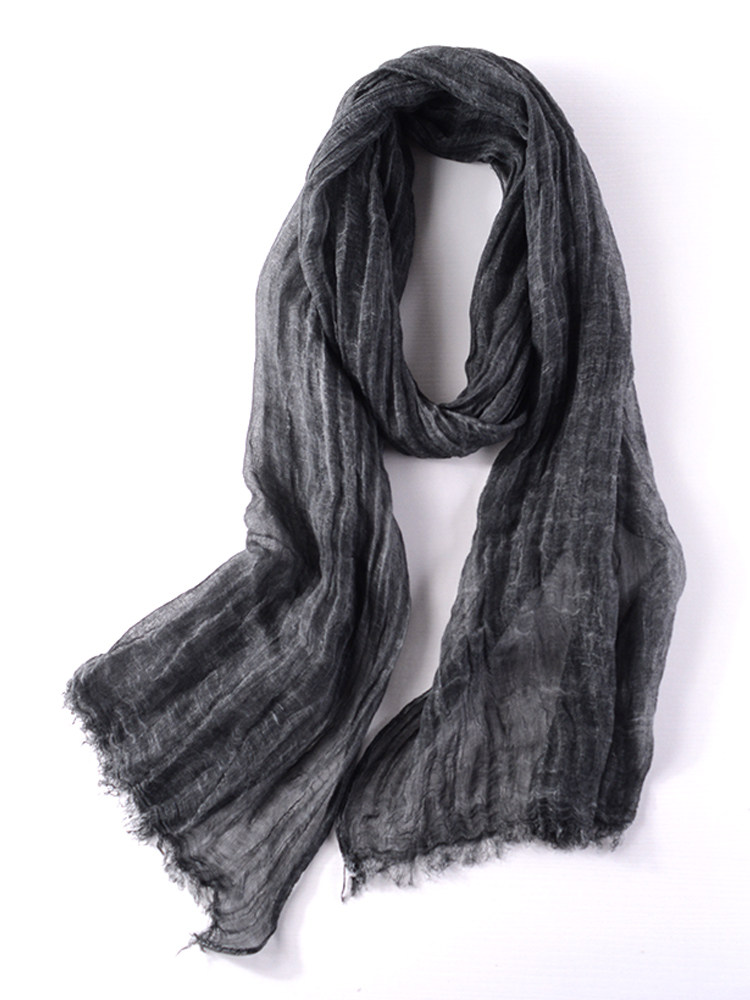 男士围巾春秋冬季搭配装饰窄棉麻围巾休闲百搭褶皱深灰黑灰色