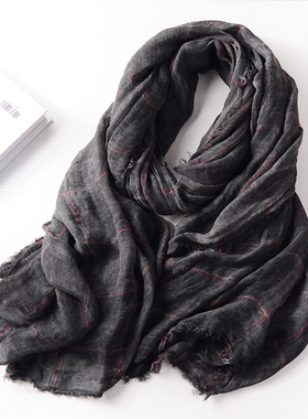 日系秋冬围巾男士休闲复古脏染棉麻纯色个性时尚男格子围巾深灰色