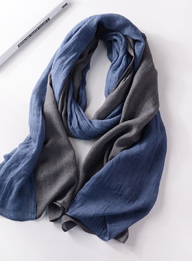 日本订单牛仔蓝深灰色拼色棉麻围巾长款休闲爸爸男朋友礼物围巾男
