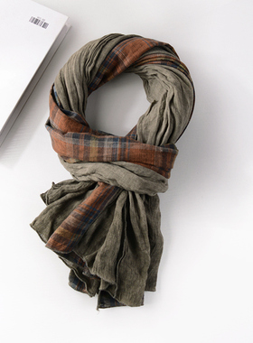 拼接棉麻围巾男士秋冬季格子脏染个性复古亚麻围巾女休闲深灰色