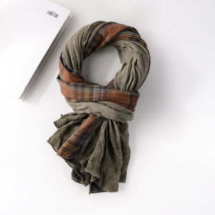 复古亚麻围巾女休闲深灰色 格子脏染个性 拼接棉麻围巾男士 秋冬季