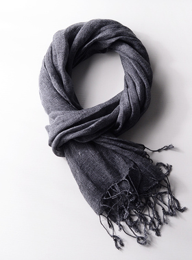 日系高档男士亚麻围巾纯色长款休闲百搭窄款深灰烟灰色围巾男休闲