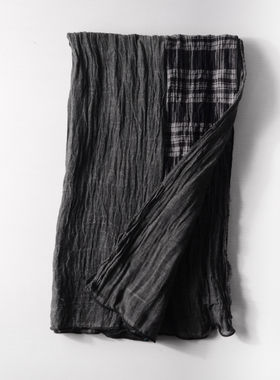 日系围巾男士拼接休闲中性百搭棉麻格子复古拼色藏青灰色围巾高档